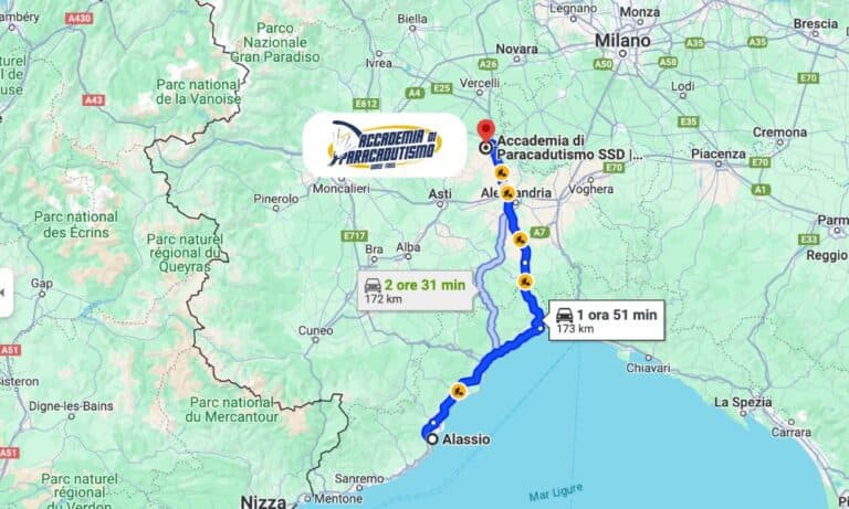 Map with driving directions from Alassio to Accademia di Paracadutismo