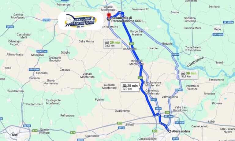 Map with driving directions from Alessandria to Accademia di Paracadutismo