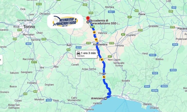 Map with driving directions from Arenzano to Accademia di Paracadutismo