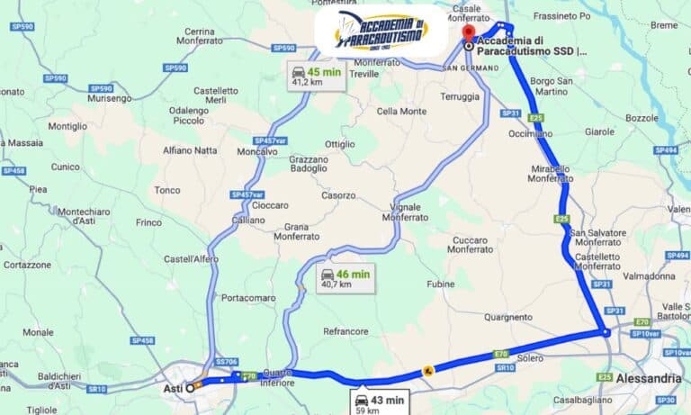 Map with driving directions from Asti to Accademia di Paracadutismo