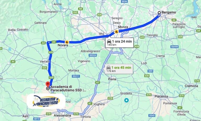 Map with driving directions from Bergamo to Accademia di Paracadutismo