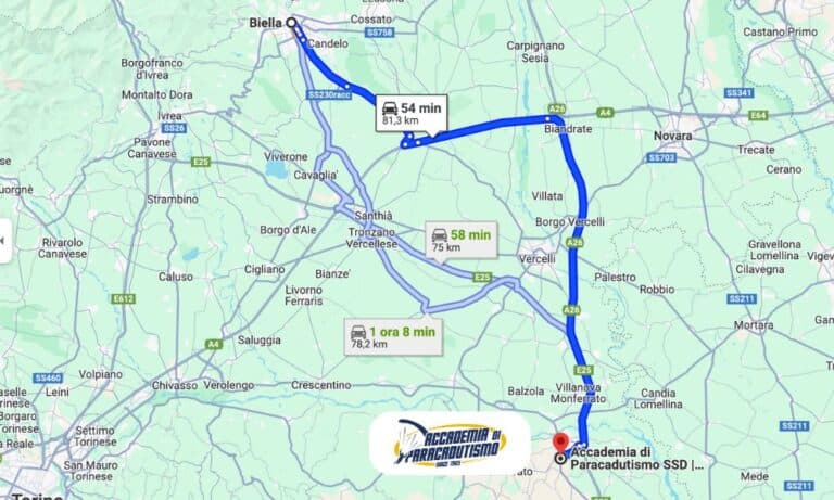 Map with driving directions from Biella to Accademia di Paracadutismo