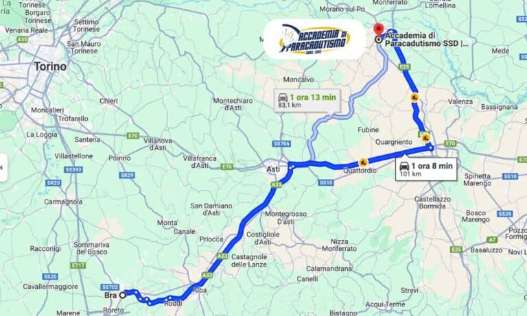 Map with driving directions from Bra to Accademia di Paracadutismo