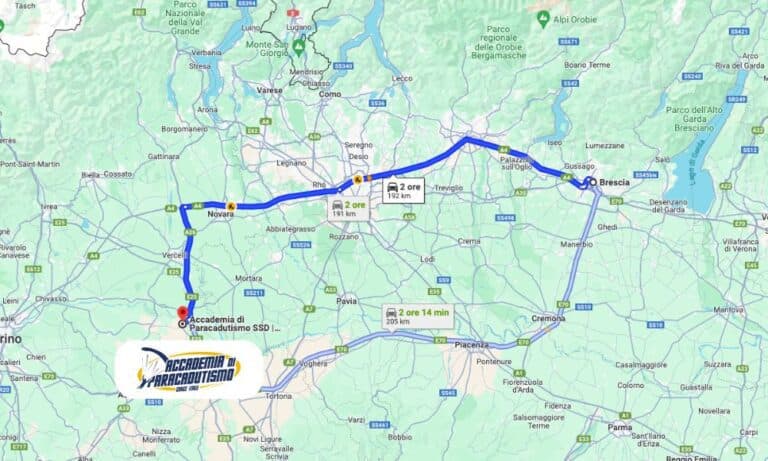 Carte avec l'itinéraire depuis Brescia jusqu'à Accademia di Paracadutismo