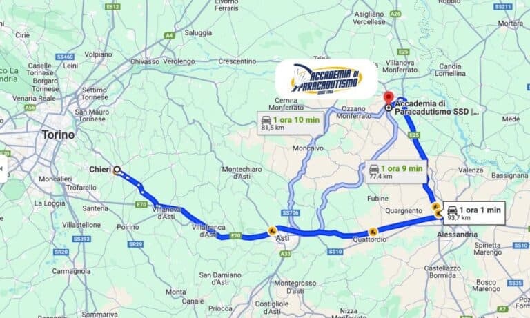 Carte avec l'itinéraire depuis Chieri jusqu'à Accademia di Paracadutismo