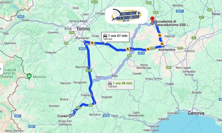 Carte avec l'itinéraire depuis Cuneo jusqu'à Accademia di Paracadutismo