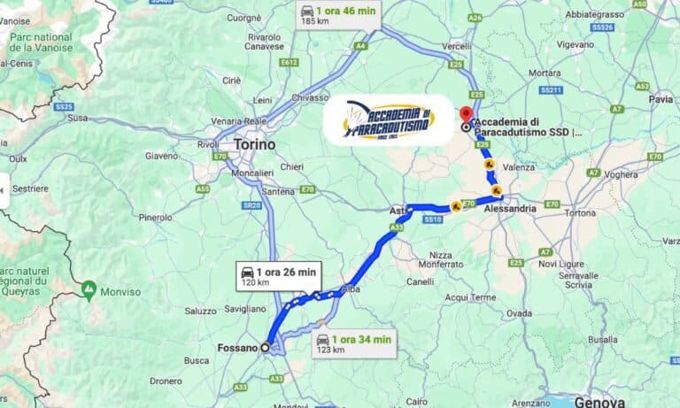 Carte avec l'itinéraire depuis Fossano jusqu'à Accademia di Paracadutismo