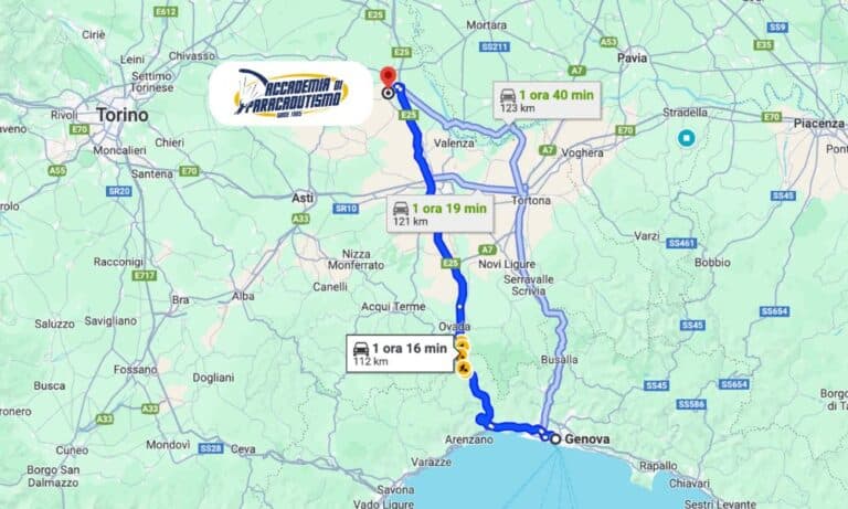 Map with driving directions from Genoa to Accademia di Paracadutismo