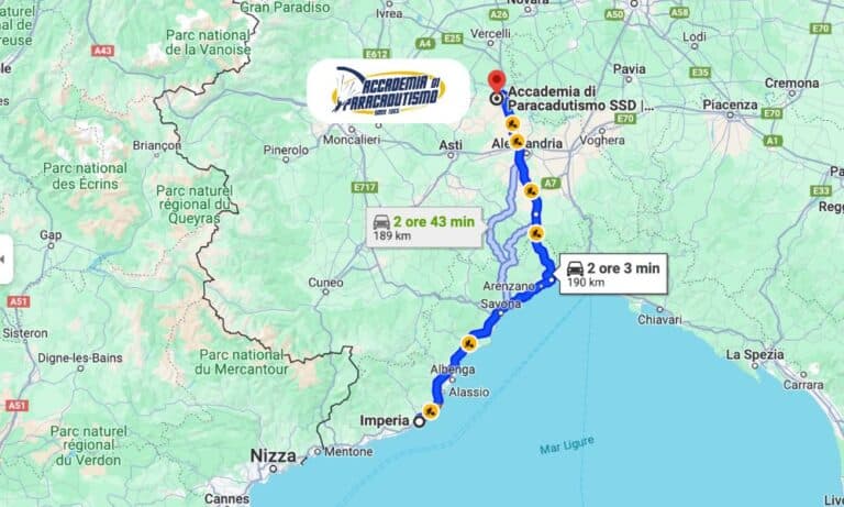 Carte avec l'itinéraire depuis Imperia jusqu'à Accademia di Paracadutismo