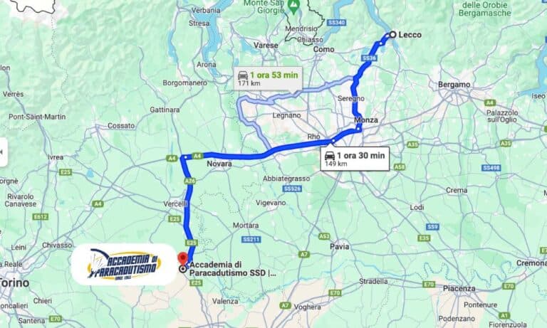 Carte avec l'itinéraire depuis Lecco jusqu'à Accademia di Paracadutismo