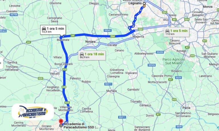 Carte avec l'itinéraire depuis Legnano jusqu'à Accademia di Paracadutismo