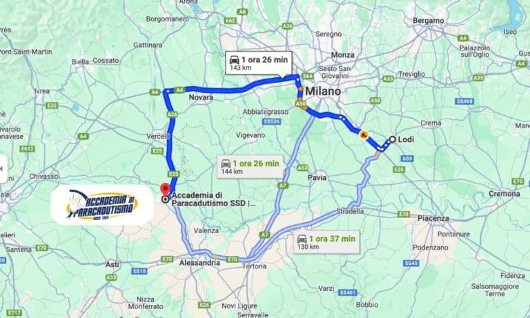 Carte avec l'itinéraire depuis Lodi jusqu'à Accademia di Paracadutismo