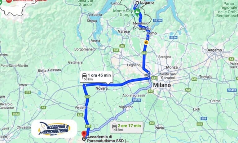 Carte avec l'itinéraire depuis Lugano jusqu'à Accademia di Paracadutismo