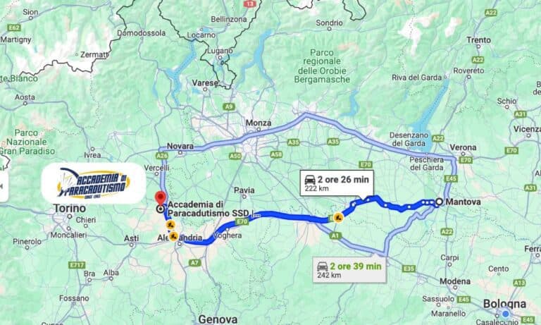 Carte avec l'itinéraire depuis Mantoue jusqu'à Accademia di Paracadutismo