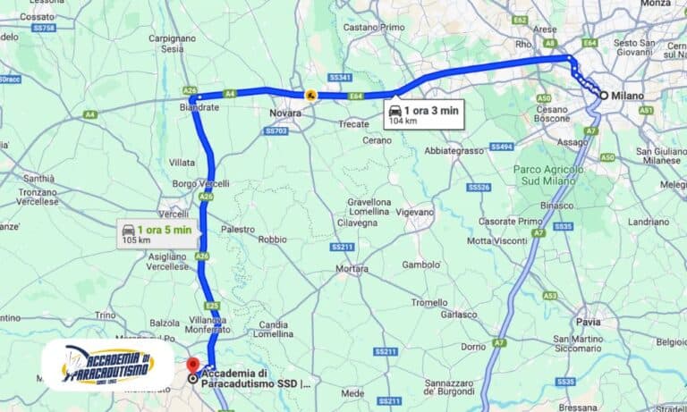Mappa con le indicazioni stradali da Milano all'Accademia di Paracadutismo