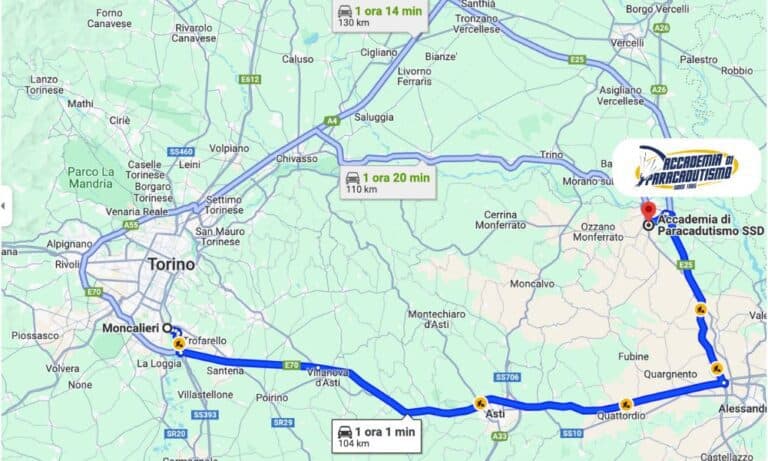 Carte avec l'itinéraire depuis Moncalieri jusqu'à Accademia di Paracadutismo