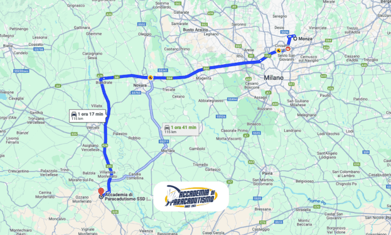 Carte avec l'itinéraire depuis Monza jusqu'à Accademia di Paracadutismo