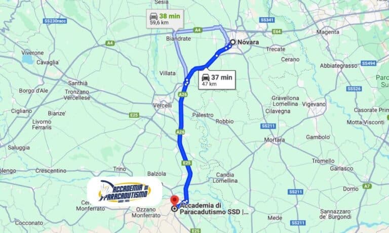 Carte avec l'itinéraire depuis Novara jusqu'à Accademia di Paracadutismo