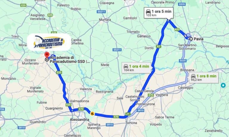 Carte avec l'itinéraire depuis Pavie jusqu'à Accademia di Paracadutismo