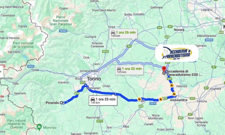 Carte avec l'itinéraire depuis Pinerolo jusqu'à Accademia di Paracadutismo