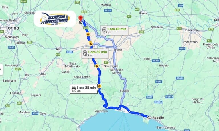 Karte mit der Wegbeschreibung von Rapallo zur Accademia di Paracadutismo