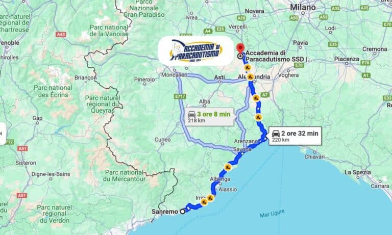 Carte avec l'itinéraire depuis Sanremo jusqu'à Accademia di Paracadutismo