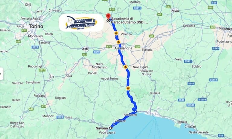 Carte avec l'itinéraire depuis Savone jusqu'à Accademia di Paracadutismo