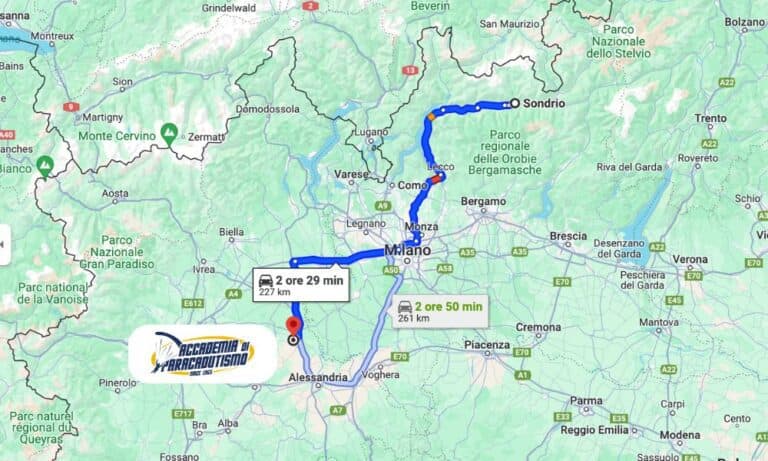 Carte avec l'itinéraire depuis Sondrio jusqu'à Accademia di Paracadutismo