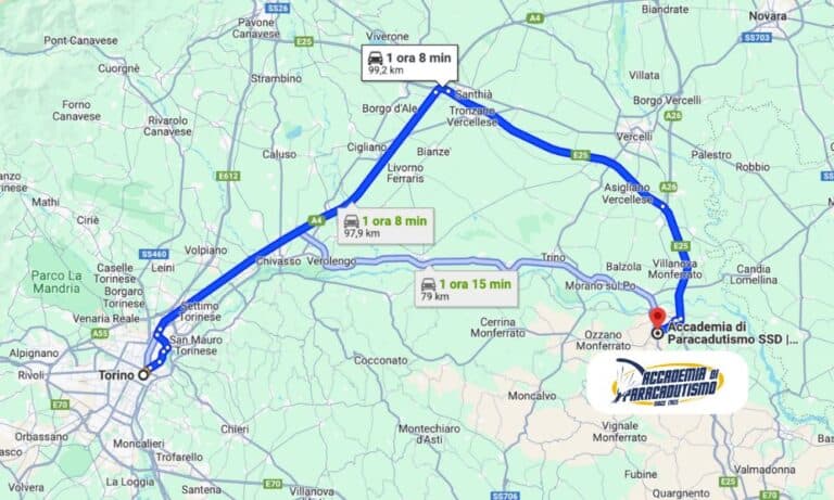 Map with driving directions from Turin to Accademia di Paracadutismo