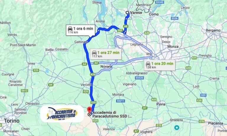Carte avec l'itinéraire depuis Varèse jusqu'à Accademia di Paracadutismo