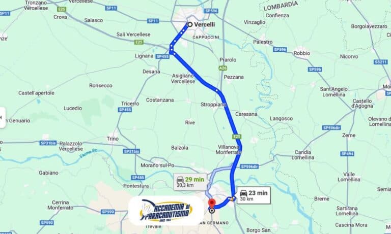 Carte avec l'itinéraire depuis Vercelli jusqu'à Accademia di Paracadutismo